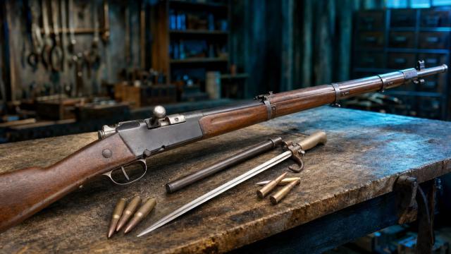 Francúzska puška Lebel Mle 1886 M93 na stole historickej zbrojárskej dielne.