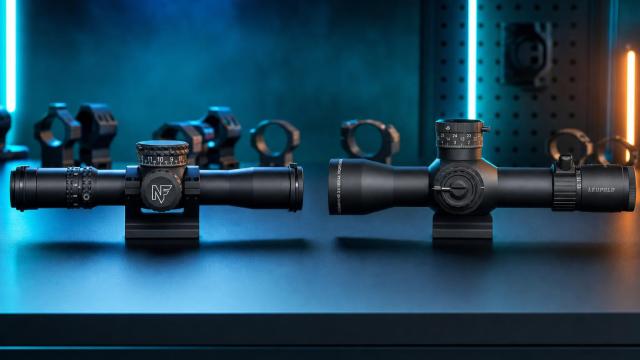 Puškohľady Nightforce ATACR 4–16×42 F1 a Leupold Mark 5HD 3,6–18×44 vedľa seba.