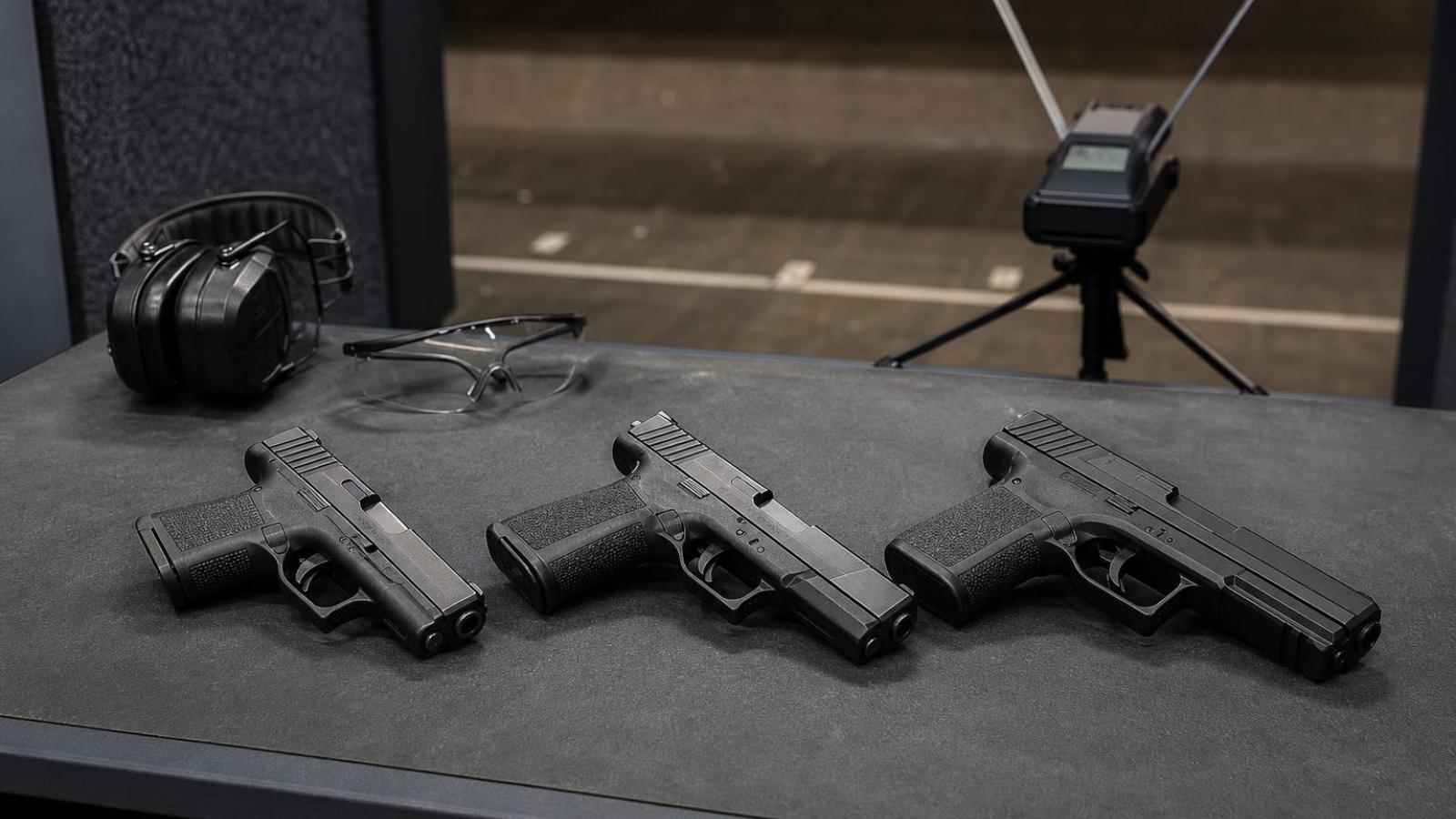 Tri 9 mm pištole s rozdielnou dĺžkou hlavne na streleckom stanovišti.