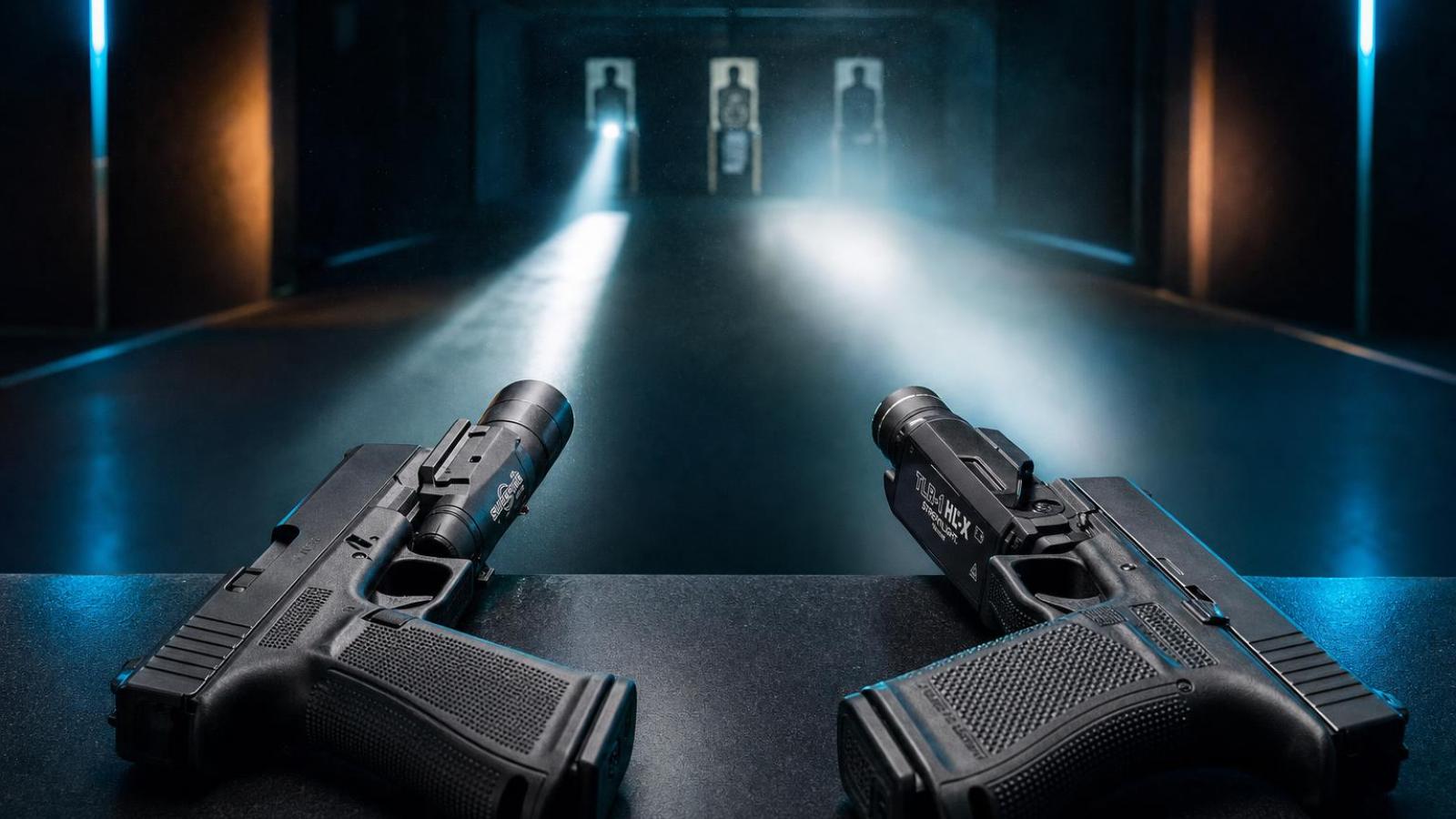 SureFire X300T-B a Streamlight TLR-1 HL-X na pištoliach s úzkym a širokým svetelným kužeľom.