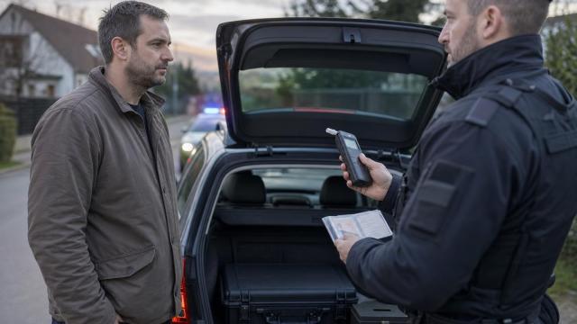 Policajná dychová skúška pri aute s uzavretým kufrom na zbraň v batožinovom priestore.