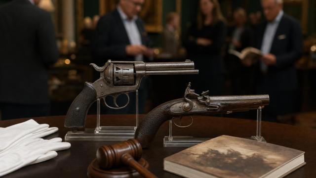 Historické zbrane vystavené na stole pred začiatkom aukcie.