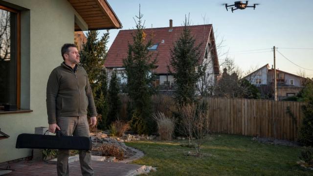 Cudzí kamerový dron nad záhradou rodinného domu a majiteľ so zatvoreným puzdrom na zbraň.