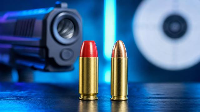 Červený náboj Federal Syntech Range 124 gr vedľa klasického 124 gr FMJ v kalibri 9 mm Luger.