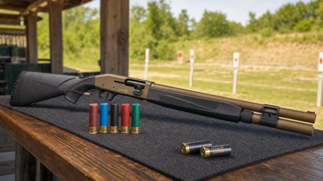 Brokovnica Mossberg 940 Pro Field s rôznymi brokovými nábojmi na strelnici.