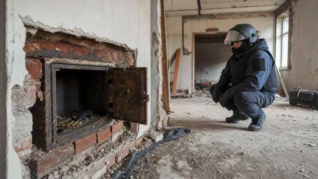 Policajný pyrotechnik preveruje nález starej zbrane a munície v odkrytom výklenku domu.