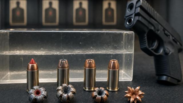 Štyri rozdielne obranné náboje .380 ACP pred blokom balistického gélu.