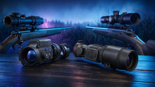 Termovízne predsádky Pulsar Krypton 2 FXG50 a InfiRay Mate MAH50R vedľa puškohľadov.