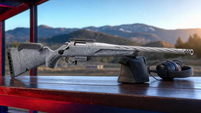 Ruger American Rifle Generation II na streleckej lavici s ochrannými slúchadlami.
