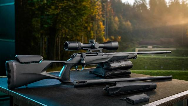 Modulárna guľovnica Sauer 505 s optikou, náhradnou hlavňou a odpojeným predpažbím.
