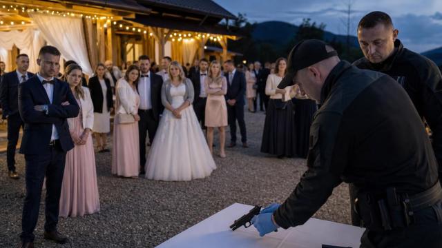 Policajti preverujú zbraň po výstreloch pred svadobnou sálou.
