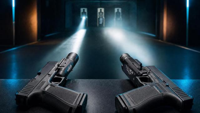 SureFire X300T-B a Streamlight TLR-1 HL-X na pištoliach s úzkym a širokým svetelným kužeľom.