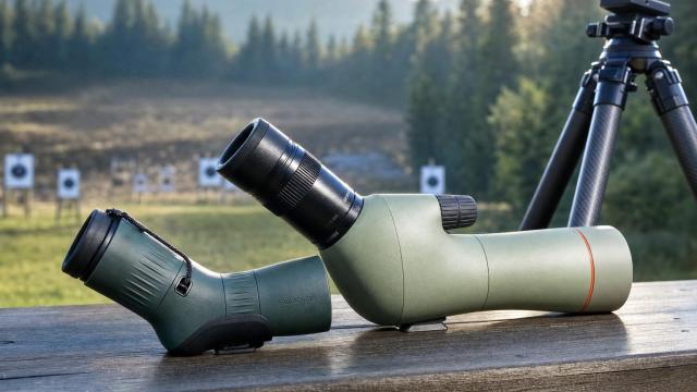 Swarovski ATC 17–40×56 a Kowa TSN-553 na stole strelnice vedľa ľahkého statívu.