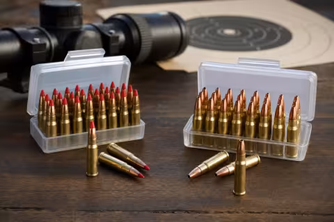 Porovnanie nábojov .17 HMR so 17 gr polymérovou a 20 gr dutinovou strelou.