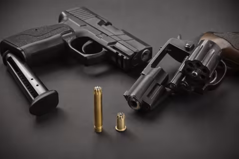 Expanzná pištoľ 9 mm P.A.K. a revolver 9 mm R.K. s príslušnými slepými nábojmi.
