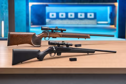 CZ 457 Varmint MTR a Tikka T1x MTR položené vedľa seba na streleckom stole.