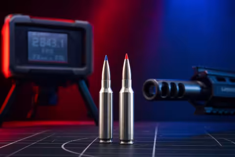 Dva náboje Federal 6.5 Creedmoor +Peak s niklovanými oceľovými nábojnicami Peak Alloy.