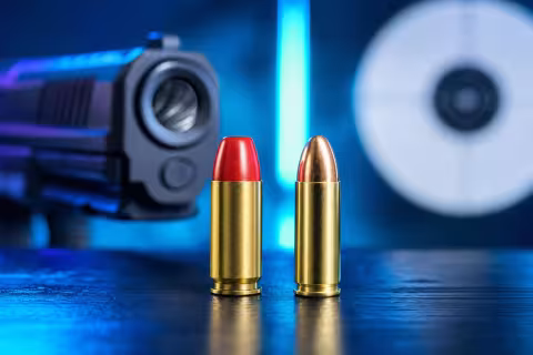 Červený náboj Federal Syntech Range 124 gr vedľa klasického 124 gr FMJ v kalibri 9 mm Luger.