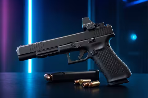 Glock 17L Gen5 MOS s predĺženým záverom položený na stole strelnice.
