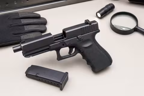 Bezpečne vybitá použitá samonabíjacia pištoľ pripravená na kontrolu stavu.