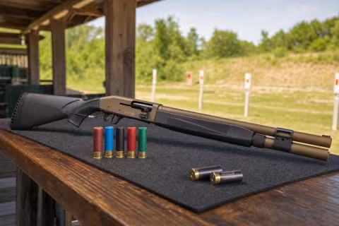 Brokovnica Mossberg 940 Pro Field s rôznymi brokovými nábojmi na strelnici.