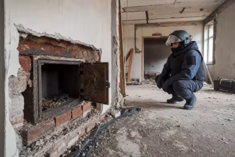 Policajný pyrotechnik preveruje nález starej zbrane a munície v odkrytom výklenku domu.
