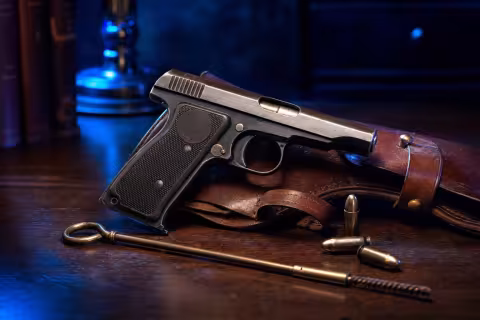 Historicky presná pištoľ Remington Model 51 na dobovom drevenom stole s koženým puzdrom.