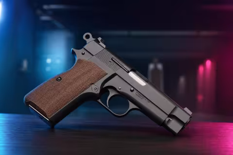 Springfield Armory SA-35 4″ s krátkym záverom a orechovými črienkami bez zásobníka.