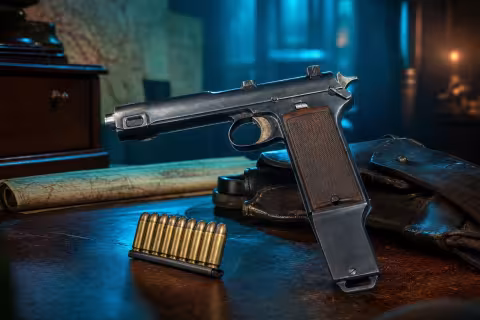 Historicky presná pištoľ Steyr M1912 s nabíjacím pásikom na dobovom dôstojníckom stole.