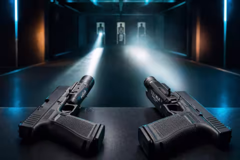 SureFire X300T-B a Streamlight TLR-1 HL-X na pištoliach s úzkym a širokým svetelným kužeľom.