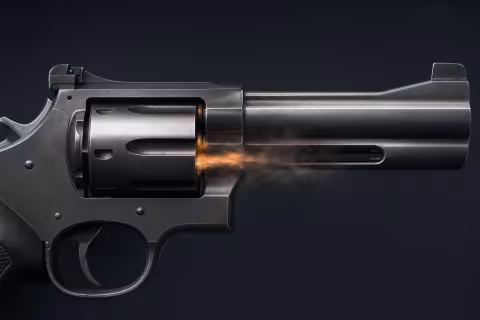 Detail revolvera s bočným výšľahom plynov z medzery medzi valcom a hlavňou
