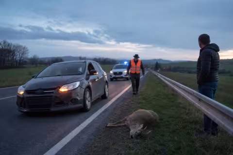 Polícia, vodič a poľovník pri zrazenej zveri na krajnici cesty.