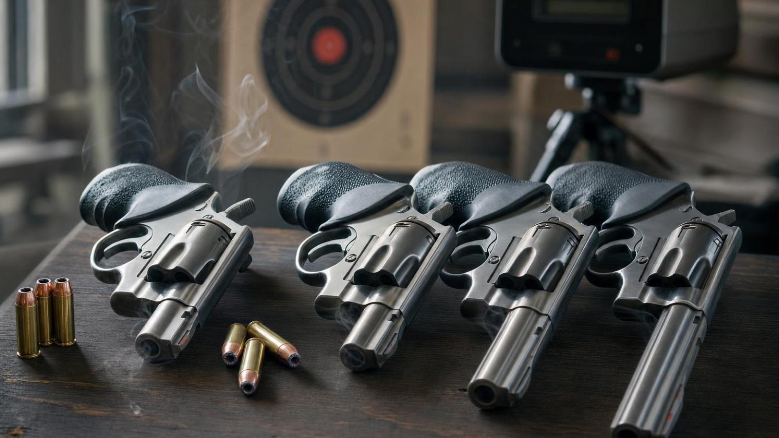 Dvoj-, štvor- a šesťpalcový revolver s nábojmi .357 Magnum na streleckom stole.