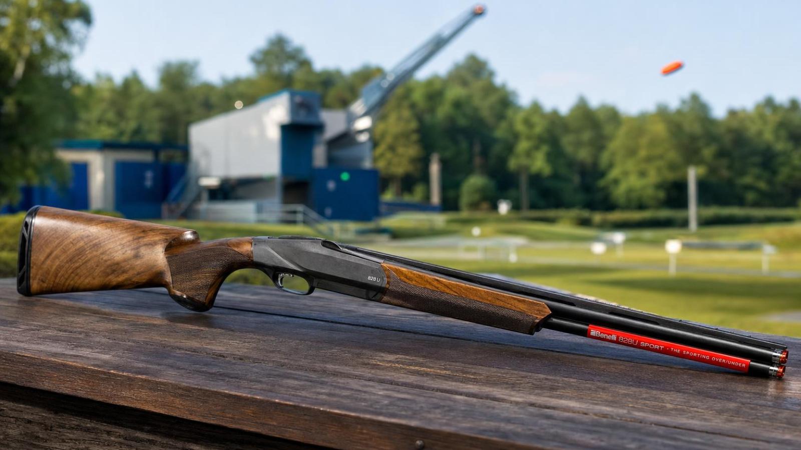 Športová kozlica Benelli 828 U Sport s oceľovou baskulou a orechovou pažbou na brokovom strelišti.