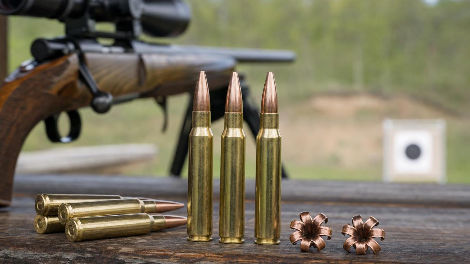 Bezolovnaté náboje .308 Winchester a expandované medené strely na streleckom stole.