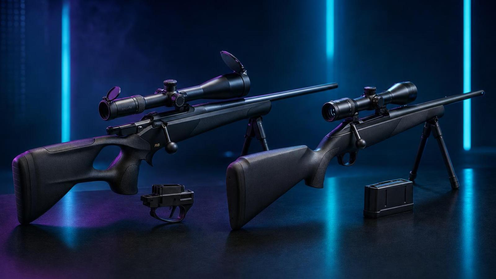 Blaser R8 a Merkel HELIX vedľa seba s otvorenými priamoťažnými závermi a vybratými zásobníkmi.
