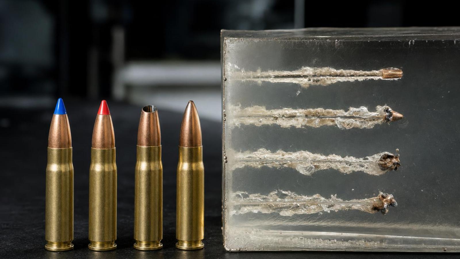 Civilné náboje 5,7 × 28 mm s rozdielnymi typmi striel vedľa balistického gélu.