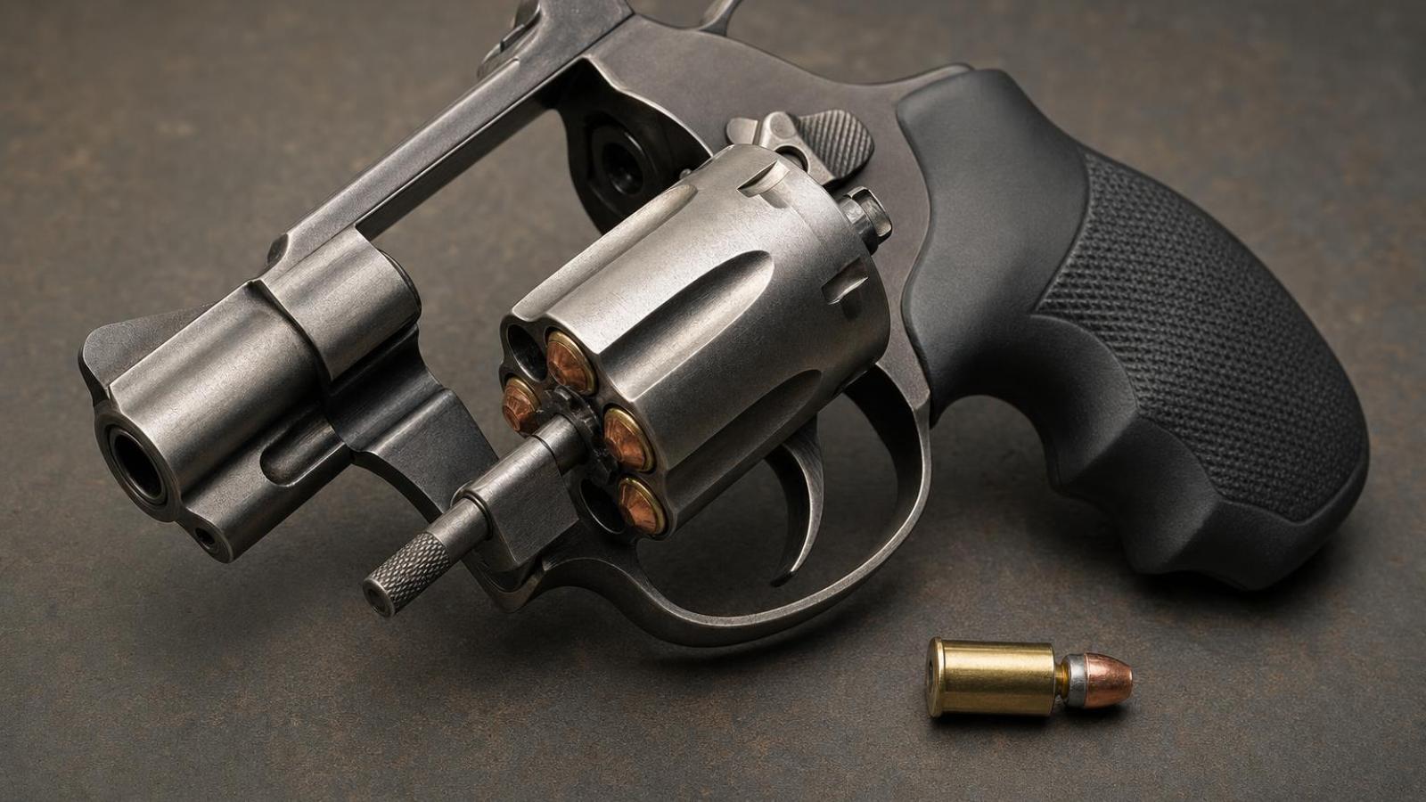 Ľahký revolver s otvoreným valcom a nábojom, ktorého strela sa povytiahla z nábojnice.