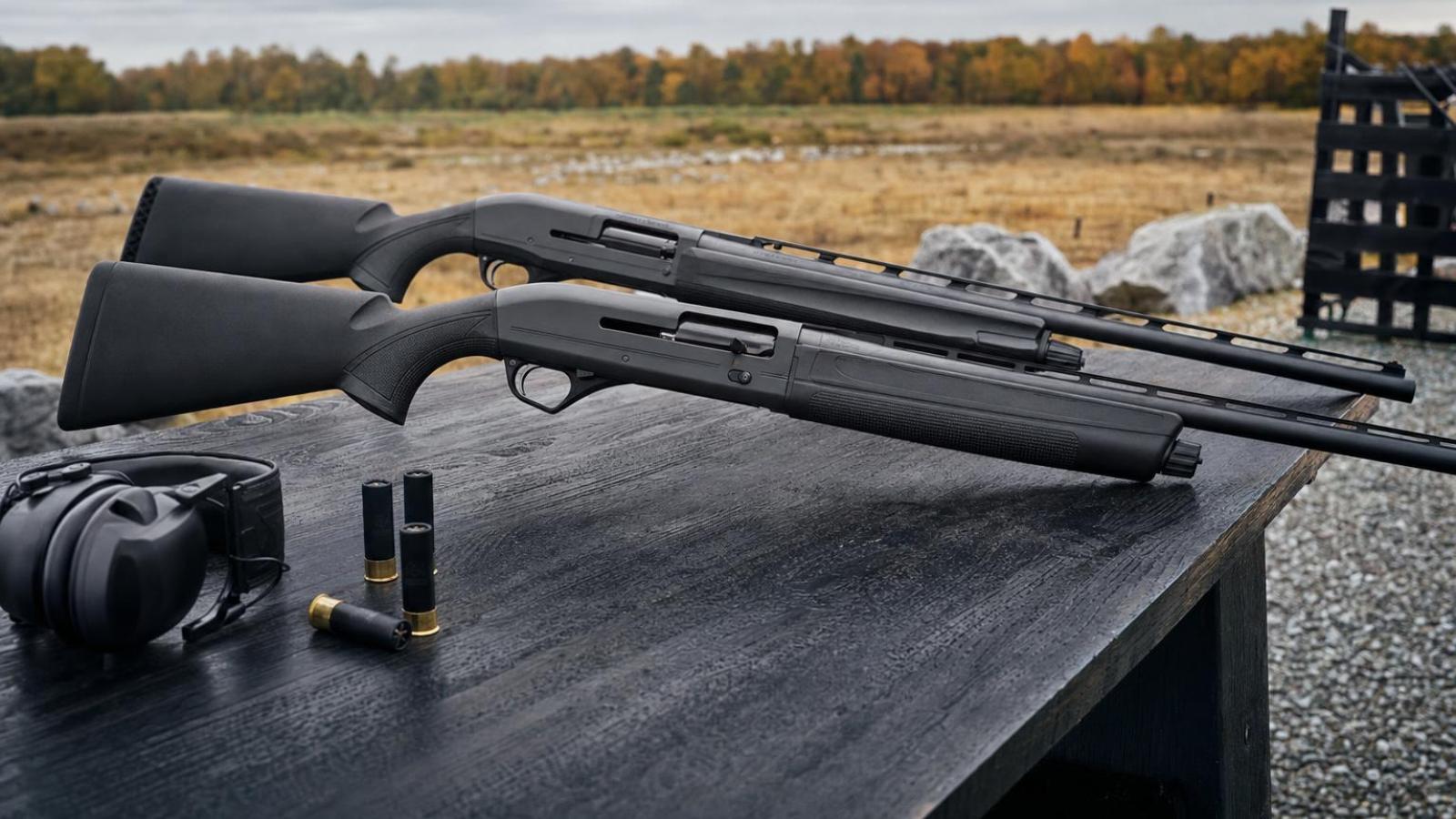 Franchi Affinity 3 a Winchester Super X4 položené vedľa seba na streleckom stole.