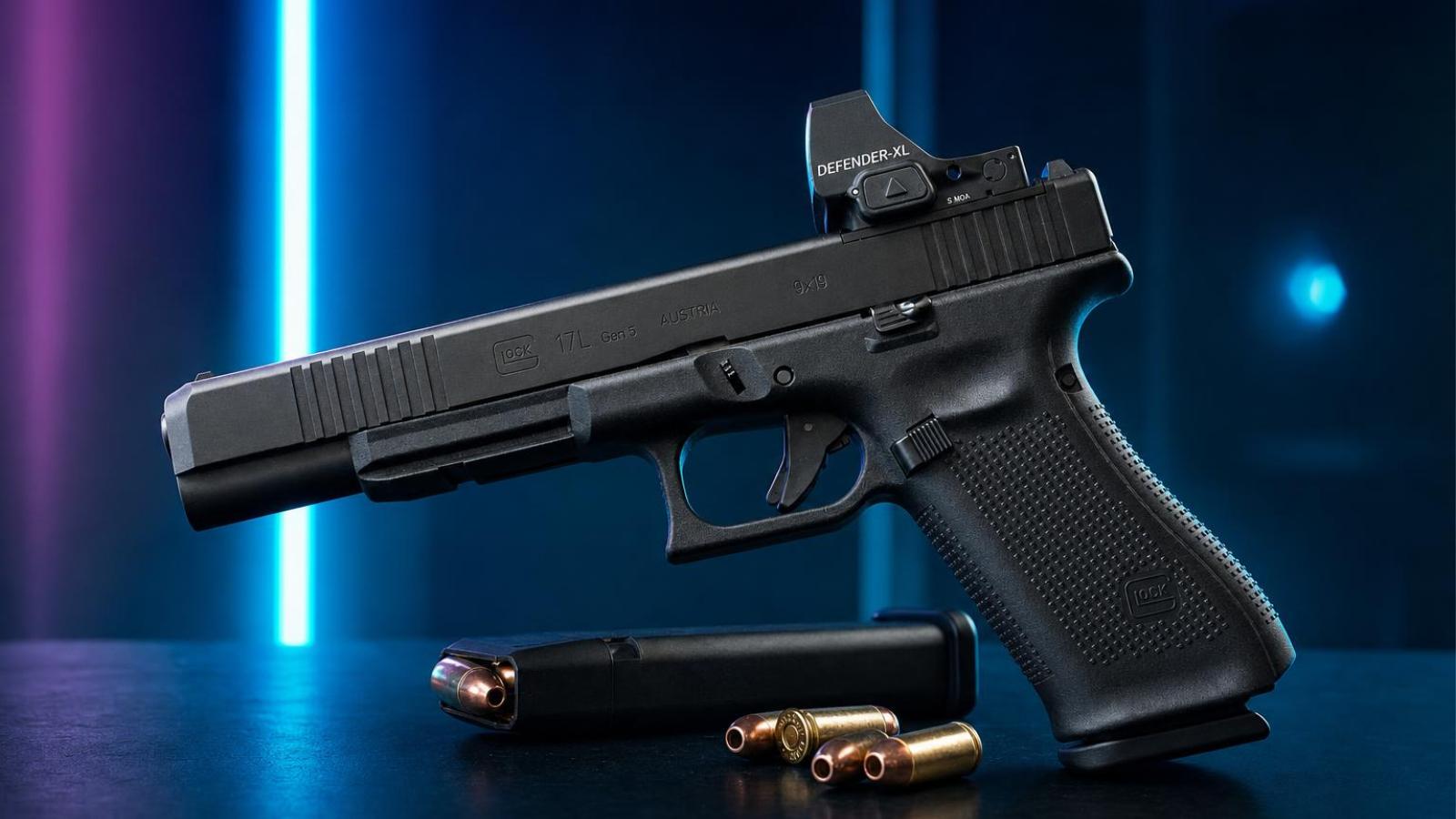 Glock 17L Gen5 MOS s predĺženým záverom položený na stole strelnice.