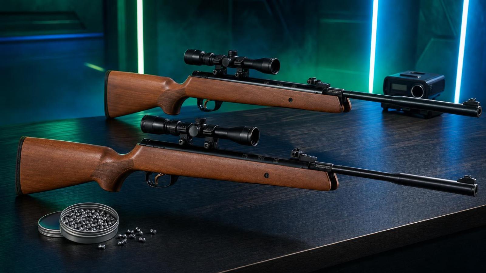Hatsan Mod 95 Spring a Hatsan Mod 95 Vortex položené vedľa seba pri porovnávacom teste.