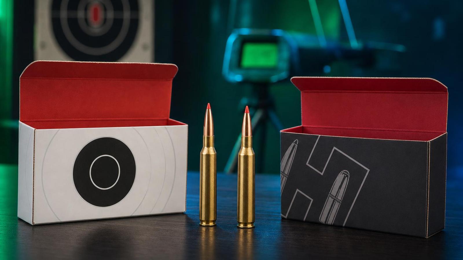 Náboje Hornady .25 Creedmoor ELD Match a ELD-X na streleckom stole.