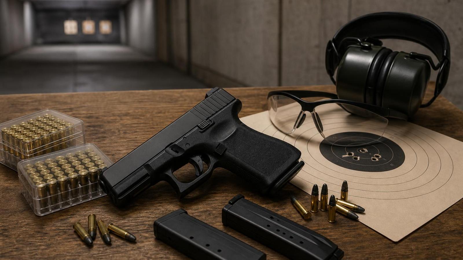 Malokalibrová pištoľ, zásobníky a náboje .22 LR na pulte strelnice.