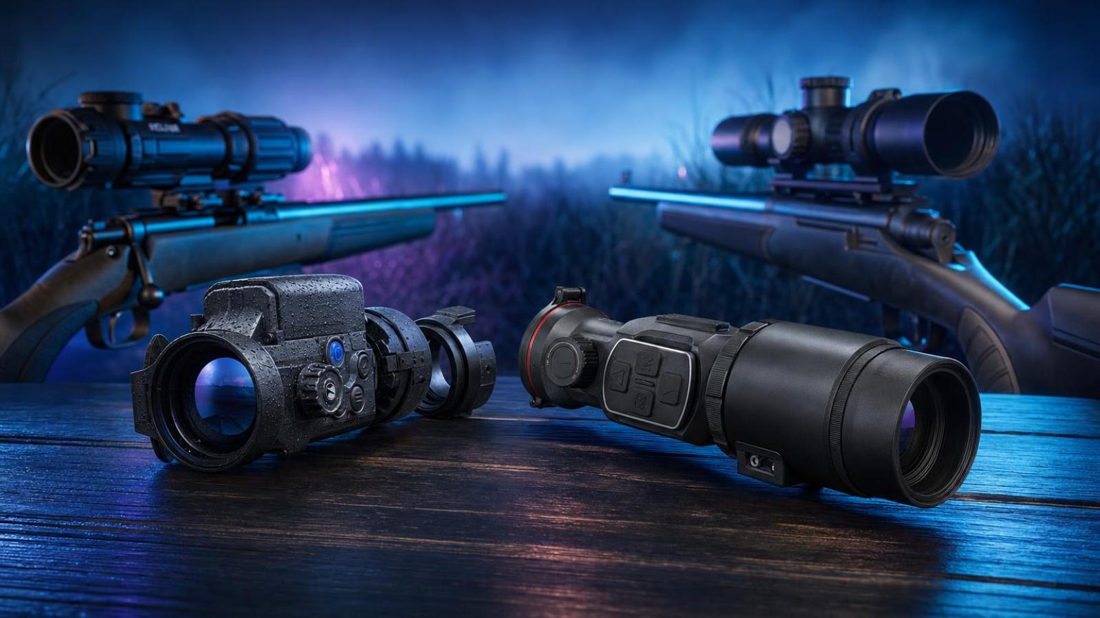 Termovízne predsádky Pulsar Krypton 2 FXG50 a InfiRay Mate MAH50R vedľa puškohľadov.