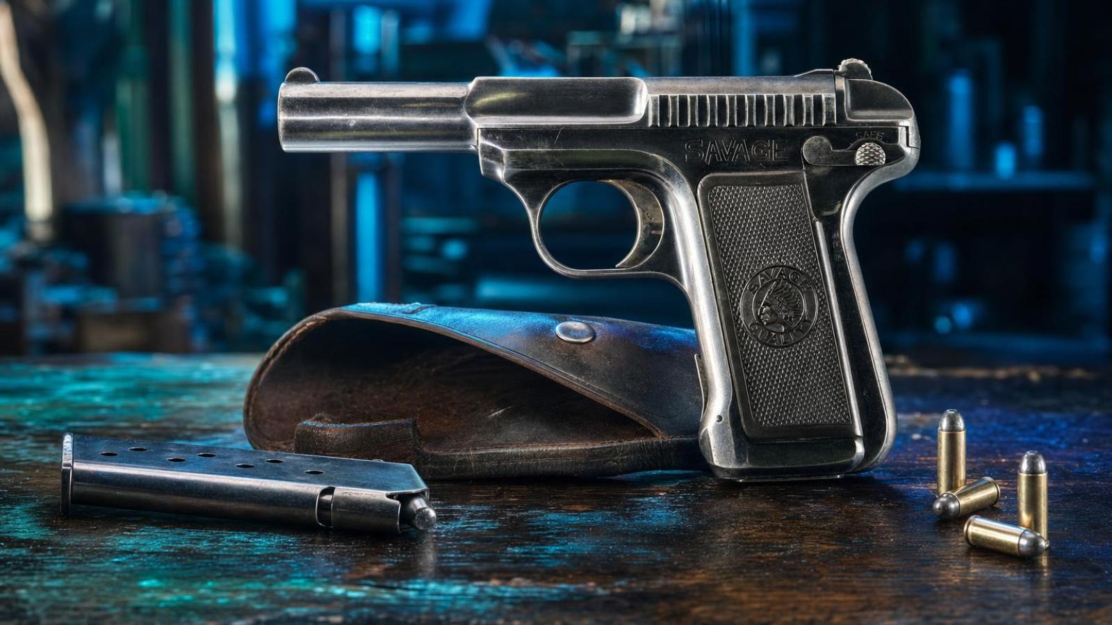 Historicky presná pištoľ Savage Model 1907 na stole v dobovej zbrojárskej dielni.