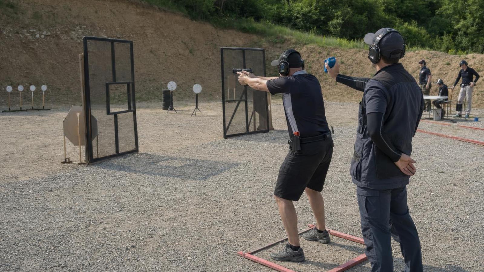 Strelec a rozhodca na situácii počas súťaže v dynamickej streľbe.