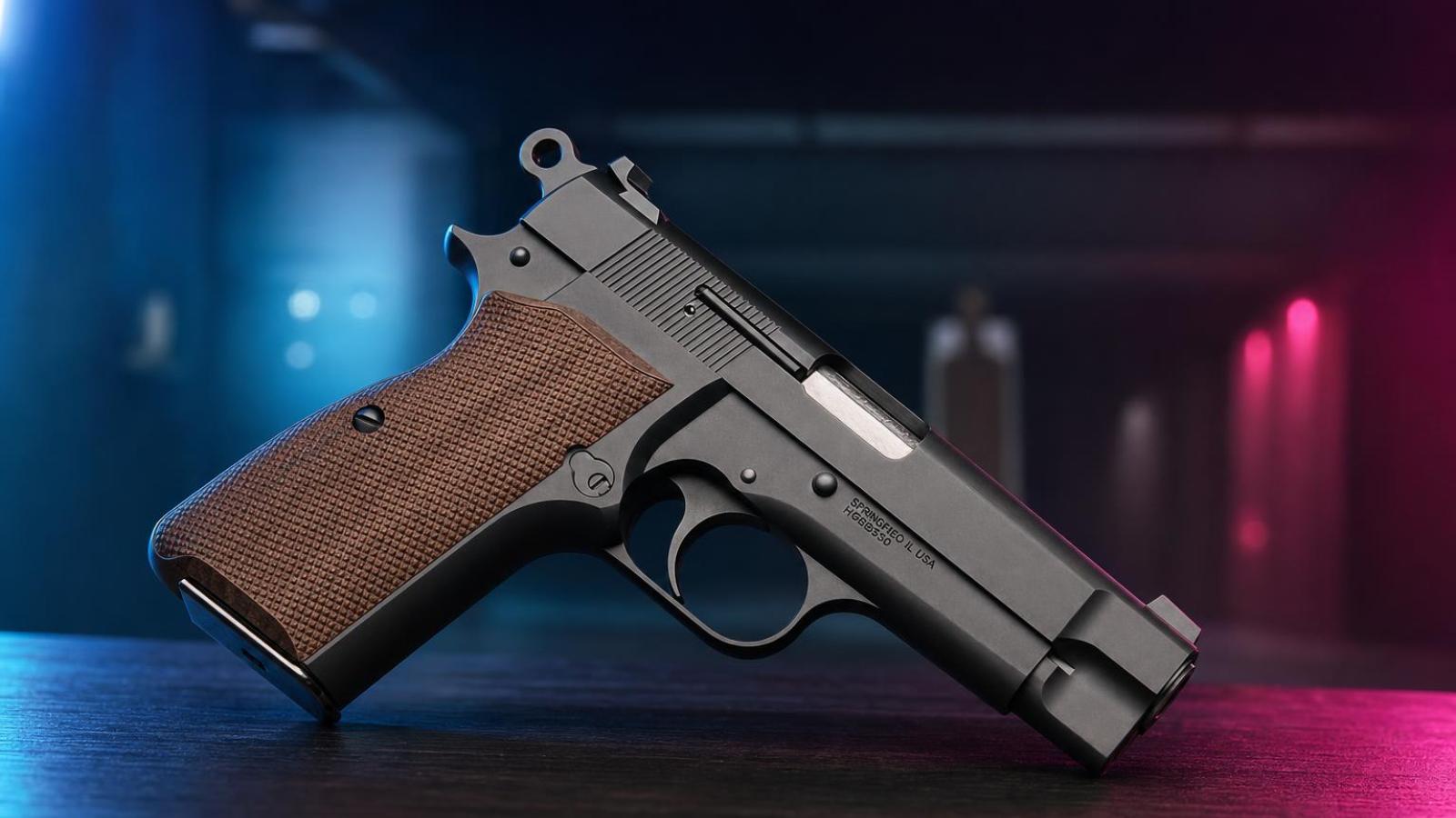 Springfield Armory SA-35 4″ s krátkym záverom a orechovými črienkami bez zásobníka.