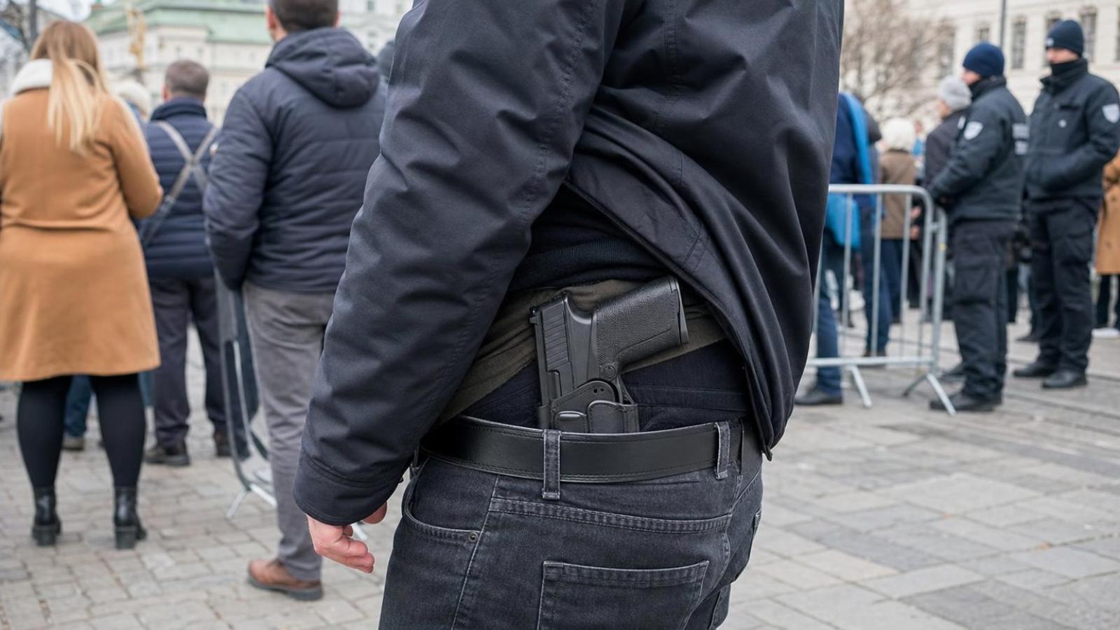 Skryto nosená pištoľ pod bundou na okraji verejného zhromaždenia s políciou v pozadí.