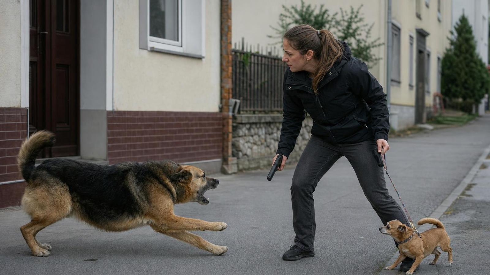 Človek chráni menšieho psa pred útočiacim veľkým psom na mestskej ulici.