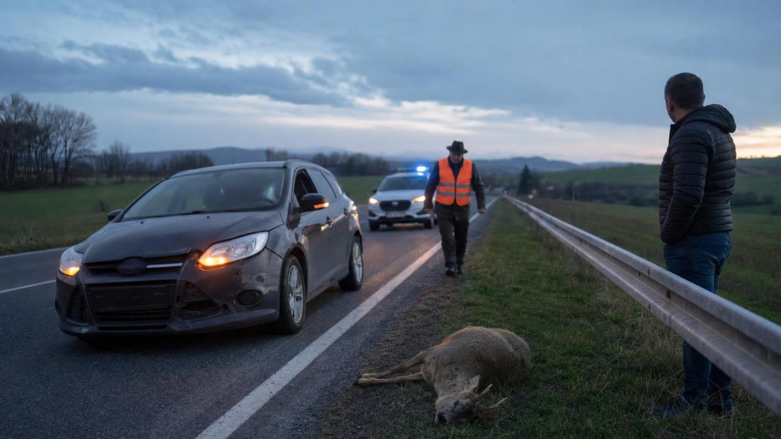 Polícia, vodič a poľovník pri zrazenej zveri na krajnici cesty.